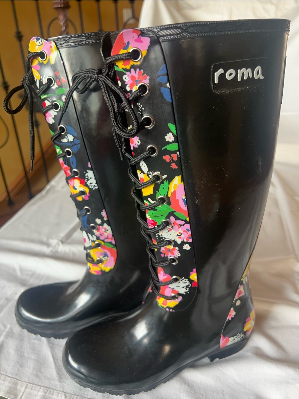 Roma Black Lace-Up Rain Boots with Bright Floral Panels